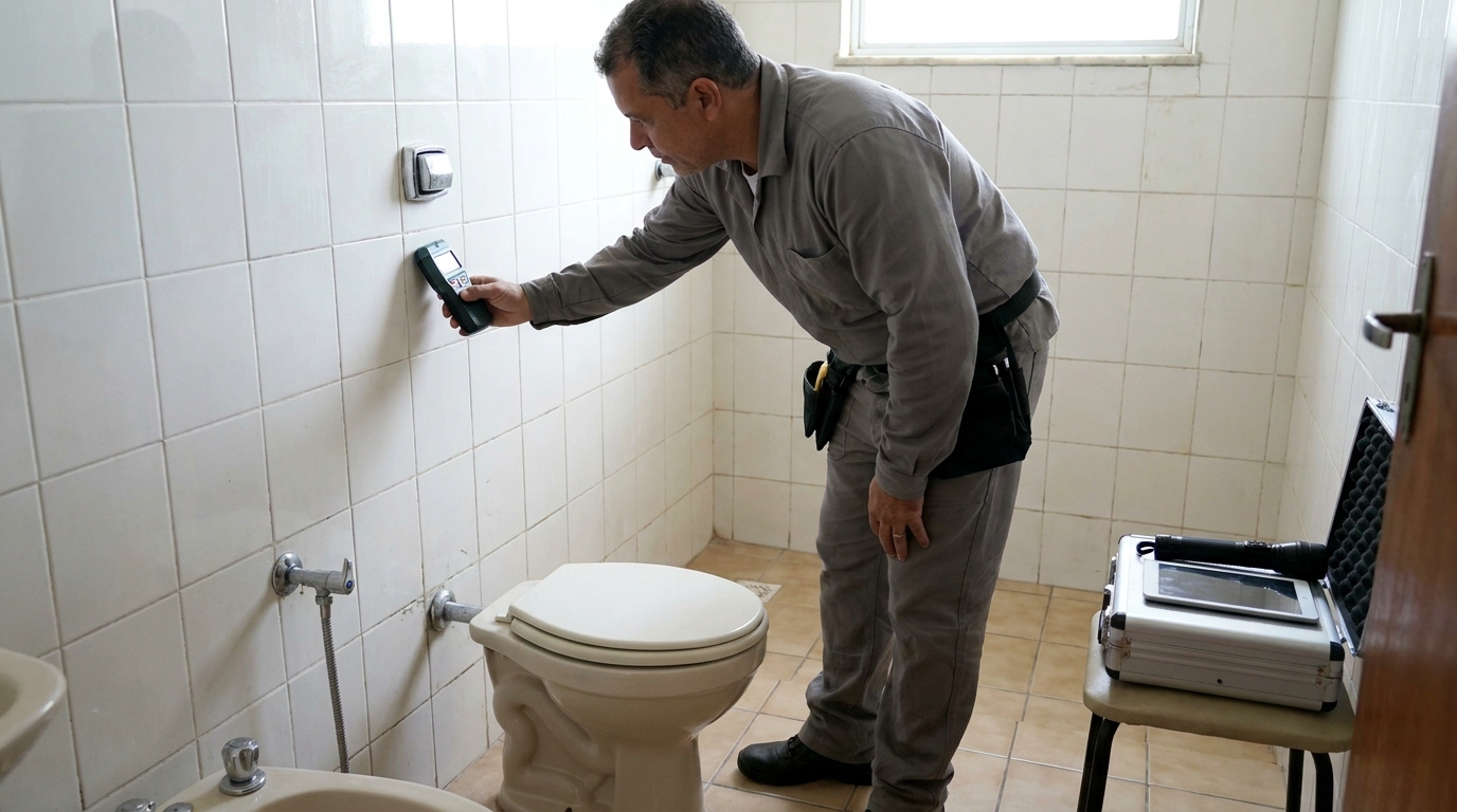 Técnico de caça vazamento analisando tubulação em Niterói‑RJ