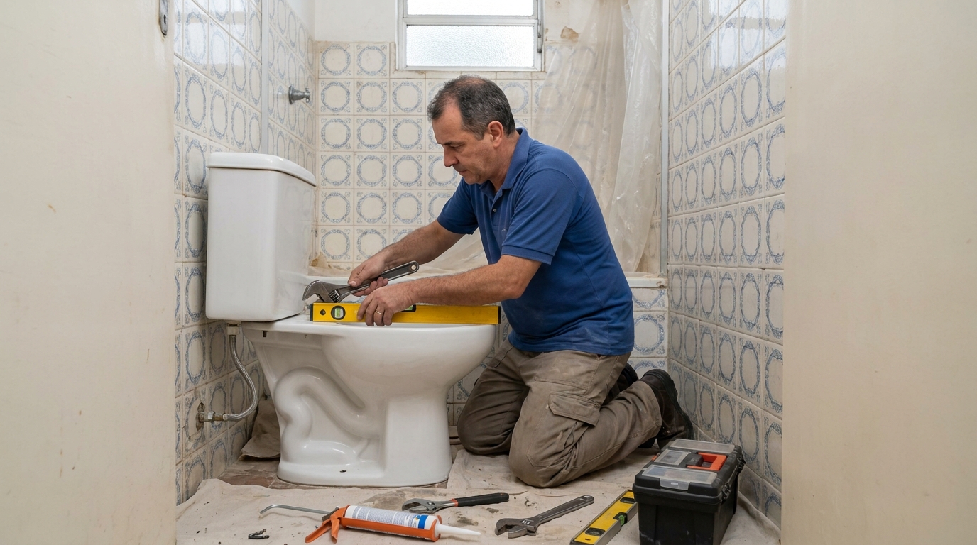 Técnico instalando vaso sanitário em Niterói‑RJ